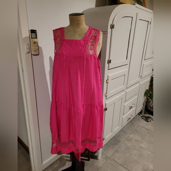 Katies Dresses & Skirts - Hot Pink linen dess with broderie lace